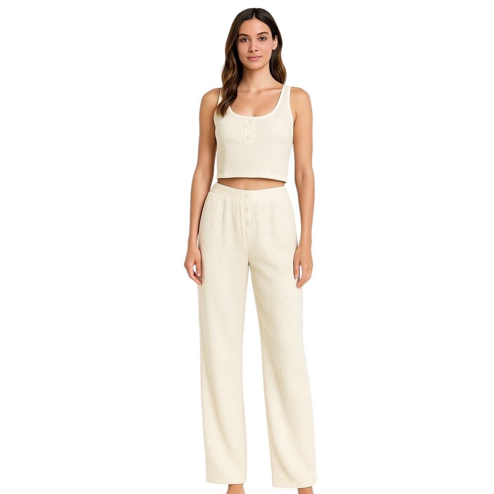 NEW Missguided Cream Crinkle Vest Sleeveless Crop Top Trousers Pajamas Set Sz 8